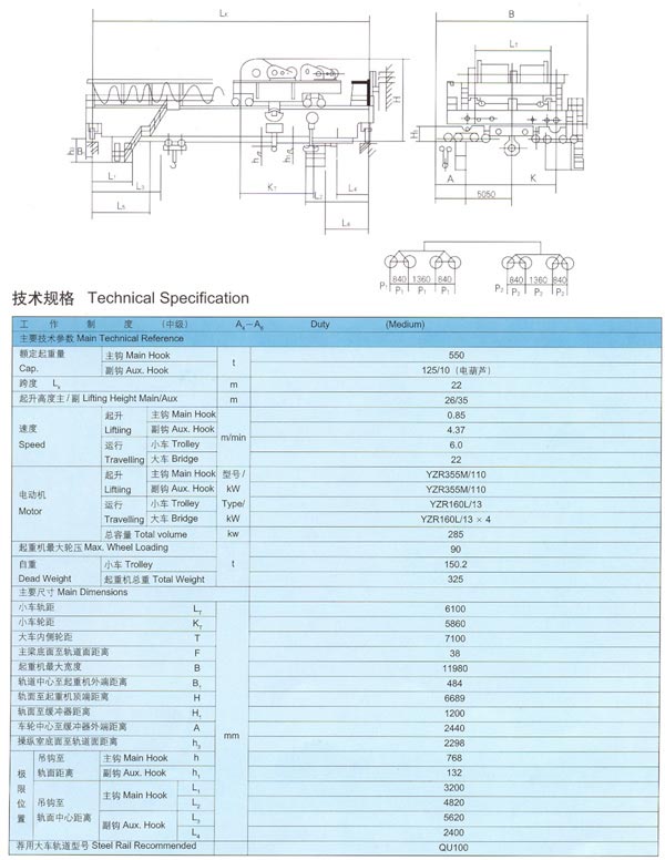 QD型5-550/125/10噸吊鉤橋式起重機（jī）